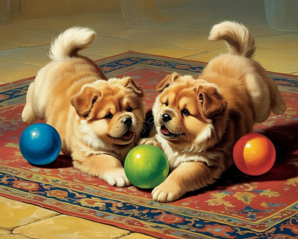 Fluffy Puppies Playing on a Colorful Rug with Balls