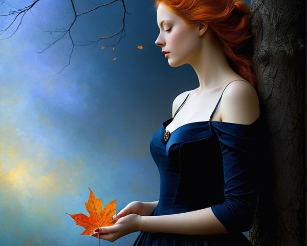 Woman in Blue Gown with Maple Leaf by Dark Tree