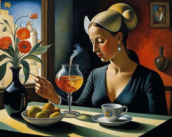 Elegant Still Life of a Woman with Amber Liquid