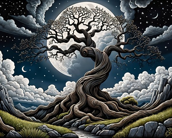 Gnarled tree under full moon with rocky landscape and stars