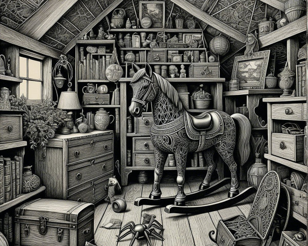Intricate Black-and-White Attic Illustration Details