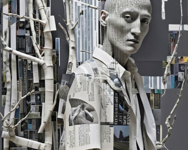 Stylized Figure with Newspaper Body and White Branches