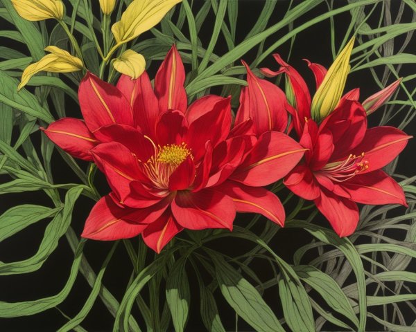 Vibrant Red Flowers with Green Leaves on Dark Background