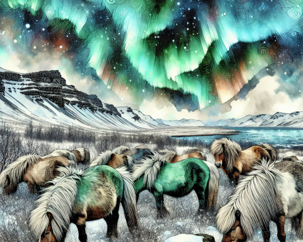 Winter Landscape with Grazing Horses and Auroras