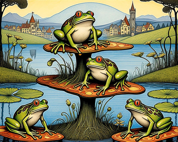 Vibrant Frogs on Colorful Mushrooms Above a Pond
