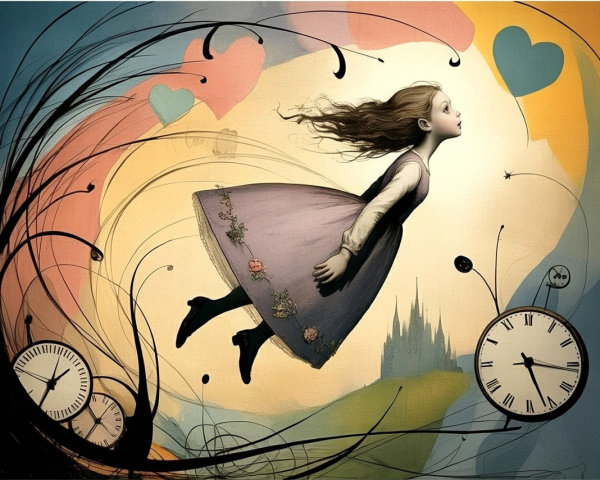 Whimsical Illustration of a Girl in a Dreamlike Landscape