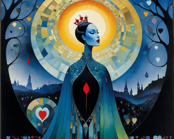 Regal Woman with Crown Against Vibrant Backdrop