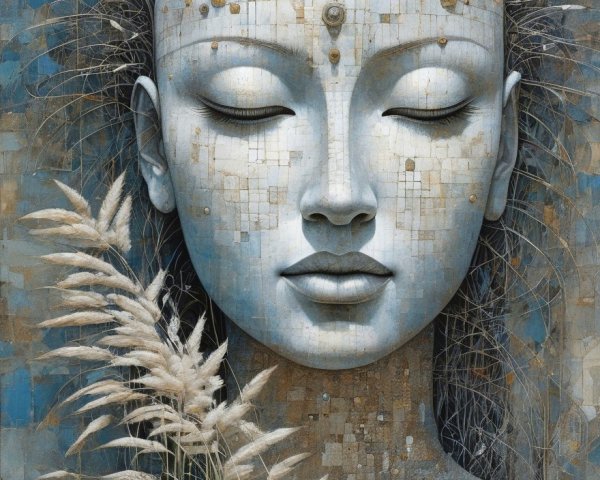 Serene Female Face with Mosaic Patterns and Grasses