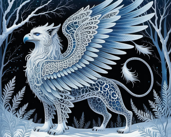 Ornate White Griffin in Winter Fantasy Illustration