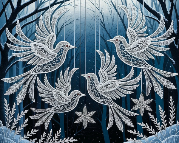 Winter Landscape with White Birds and Snowflakes