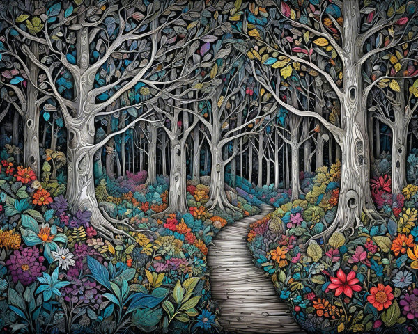 Whimsical Magical Forest Illustration with Colorful Flowers