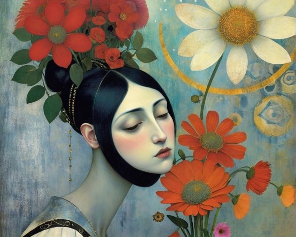 Serene Figure with Flowers and Gentle Expressions