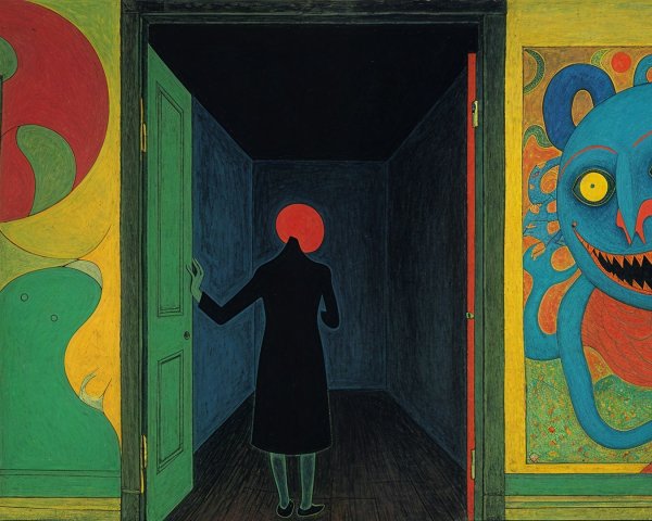 Silhouette at Open Door in Colorful Abstract Hallway