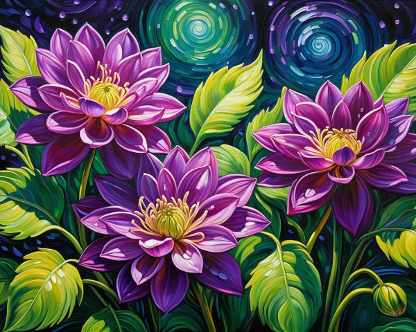Vibrant Painting of Purple Water Lilies and Night Sky