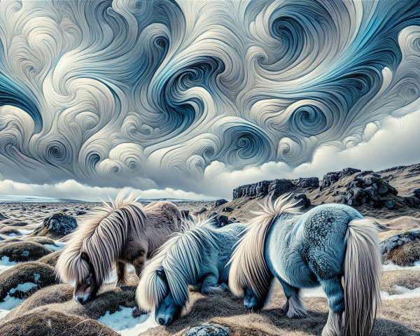 Fluffy Horses Grazing in a Snow-Dusted Landscape