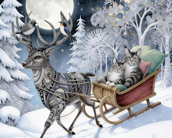 Whimsical Winter Wonderland with Deer and Sleigh Scene
