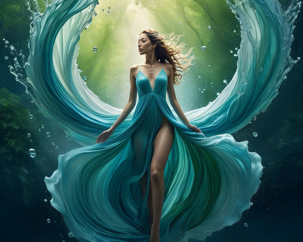 Graceful figure in teal dress amidst flowing water