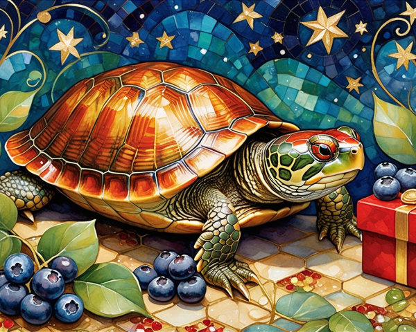 Vibrant Watercolor Turtle with Mosaic Shell and Blueberries