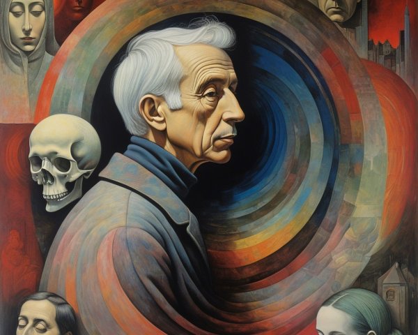 Gray-haired figure amidst abstract colors and faces