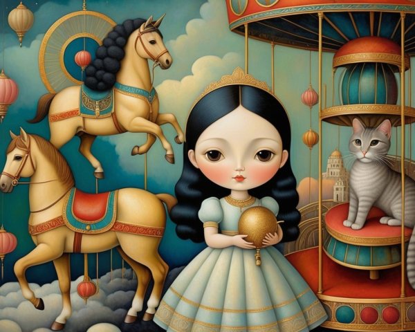Whimsical Scene with Girl, Carousel Horses, and Balloons