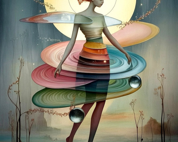 Surreal Figure in Colorful Dress Among Cosmic Elements