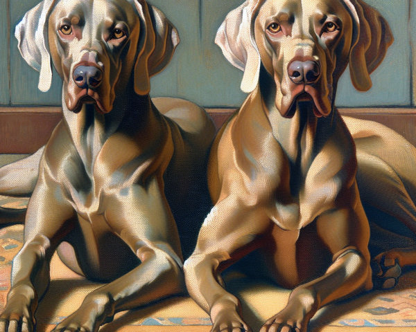 Weimaraners Resting Together on a Patterned Rug