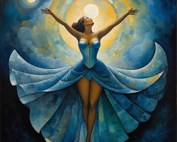 Dancer in Blue Gown Against Celestial Background