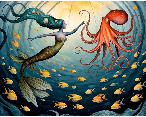 Mermaid and Octopus in a Colorful Underwater Scene
