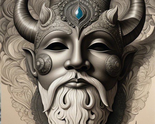 Detailed depiction of a horned figure with ornate beard