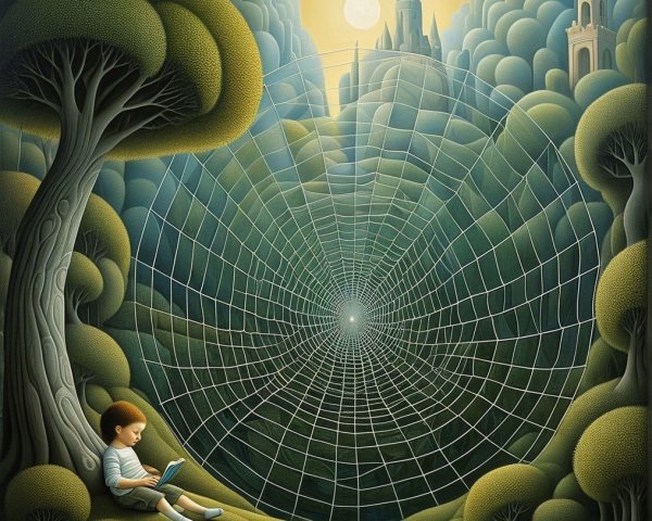 Child Reading Under Tree in Dreamy Landscape