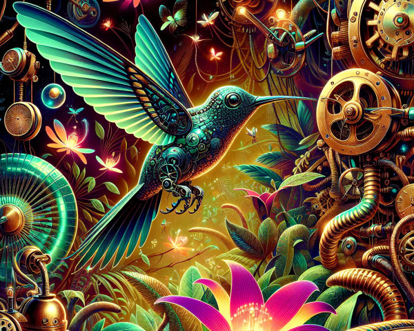 Metallic Hummingbird in Surreal Steampunk Landscape