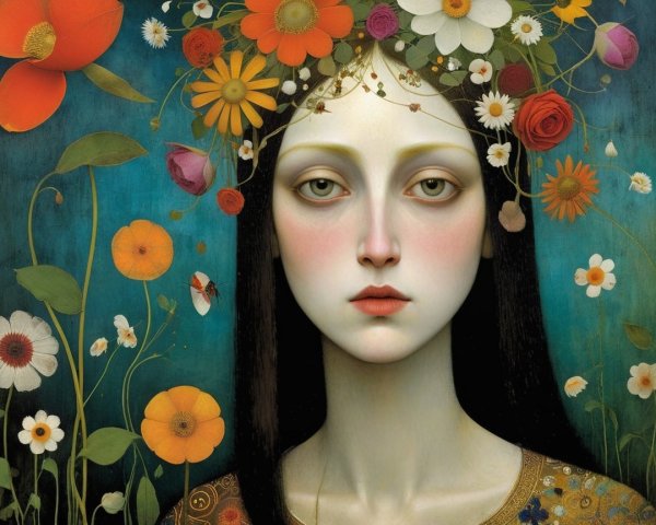 Young Woman with Floral Crown in Vibrant Setting