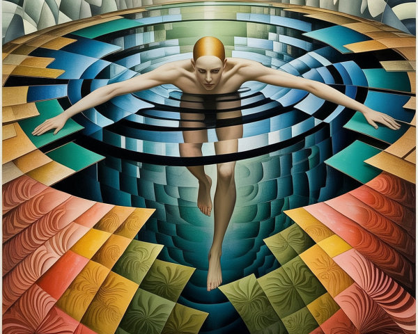 Swimmer in Abstract Pool with Vibrant Patterns