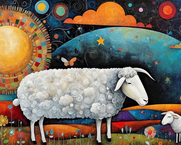 Whimsical Landscape with Sheep and Vibrant Colors