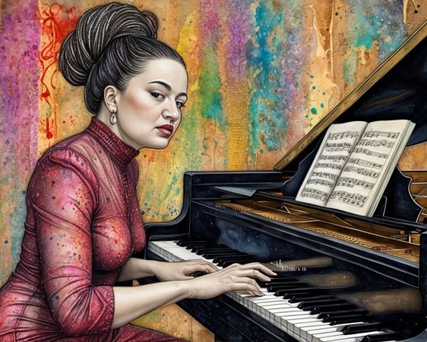 Woman in red dress playing grand piano with abstract backdrop