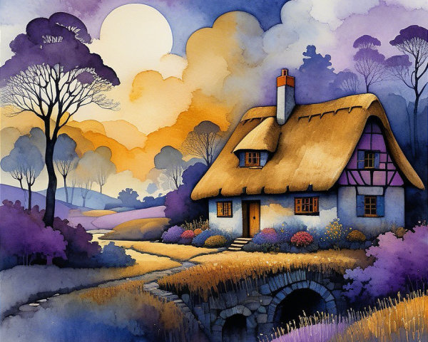 Charming Thatched Cottage by a Gentle Stream Landscape