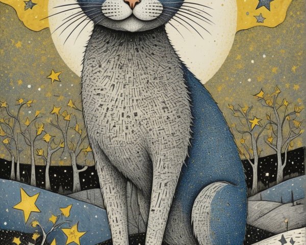 Blue-gray cat illustration in moonlit landscape