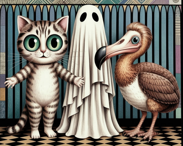 Whimsical Illustration of Cat, Ghost, and Dodo Bird