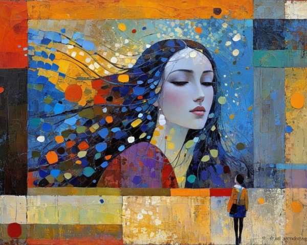 Colorful Artwork of Woman with Flowing Hair and Dots