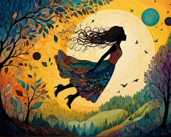 Silhouette of a Woman with Trees and Full Moon Scene