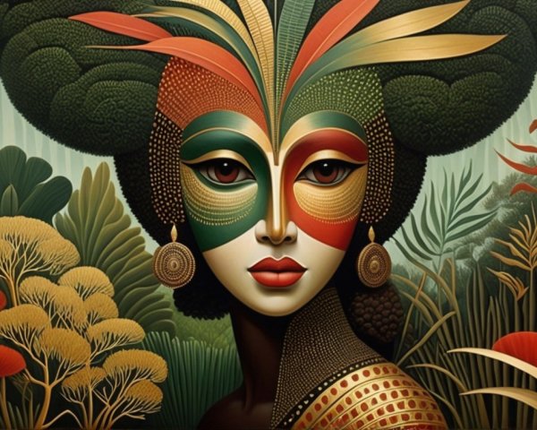 Portrait of a woman with a colorful mask and foliage
