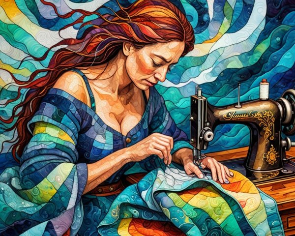 Woman Sewing Colorful Quilt with Vintage Machine