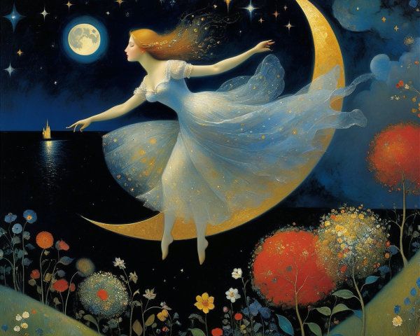 Serene Night Scene with Moonlit Figure and Nature