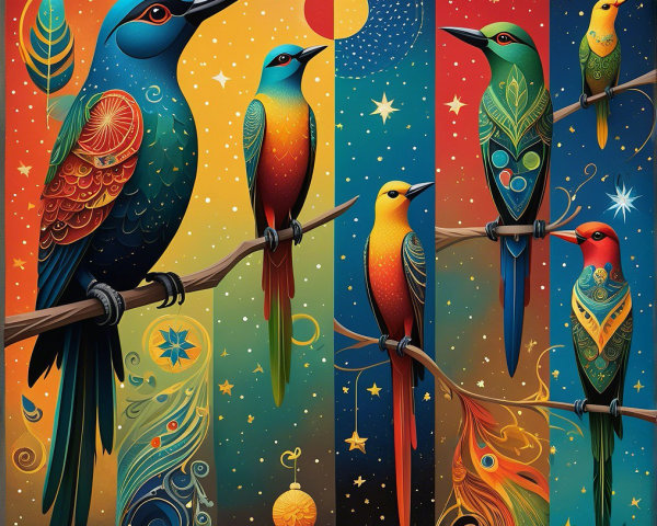 Vibrant Illustration of Stylized Birds on Branches
