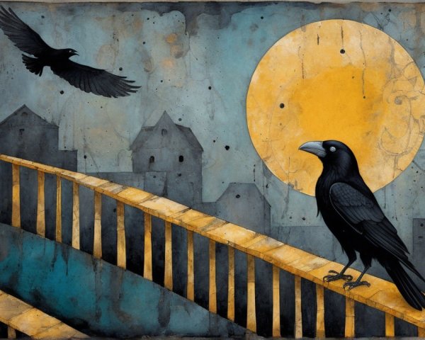 Black Crow on Yellow Bridge Under Glowing Moon