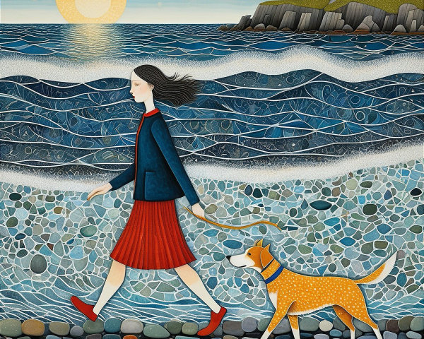 Folk Art Painting of Woman and Dog by Ocean Shoreline