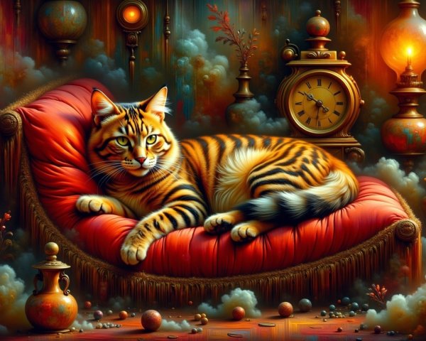 Majestic Cat on Ornate Cushion in Vintage Room