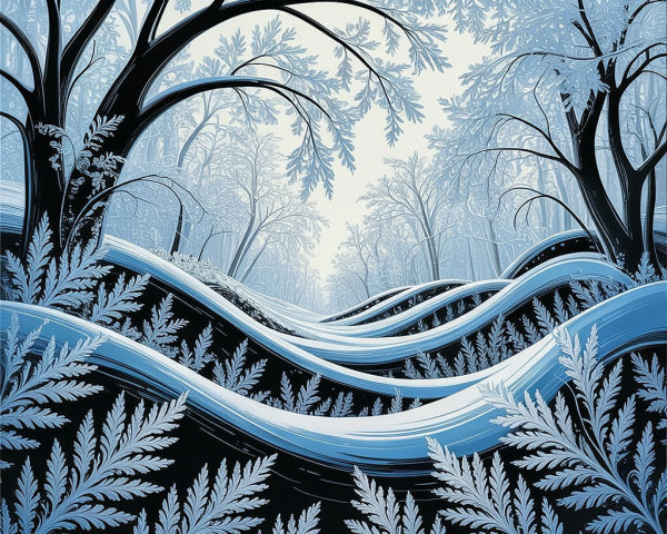 Serene Winter Landscape with Stylized Trees and Ferns
