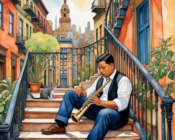 Musician Playing Saxophone in Urban Neighborhood Scene
