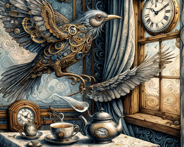 Ornate Room with Mechanical Bird and Vintage Clocks